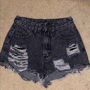 Distressed Black Denim Shorts